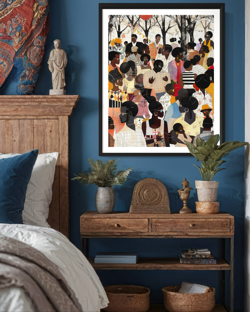 Juneteenth Art Print featuring an African American family reunion celebration in an Afrocentric outdoor setting. Vibrant digital artwork showcasing Black joy, unity, and heritage with bold colors representing freedom and cultural pride.