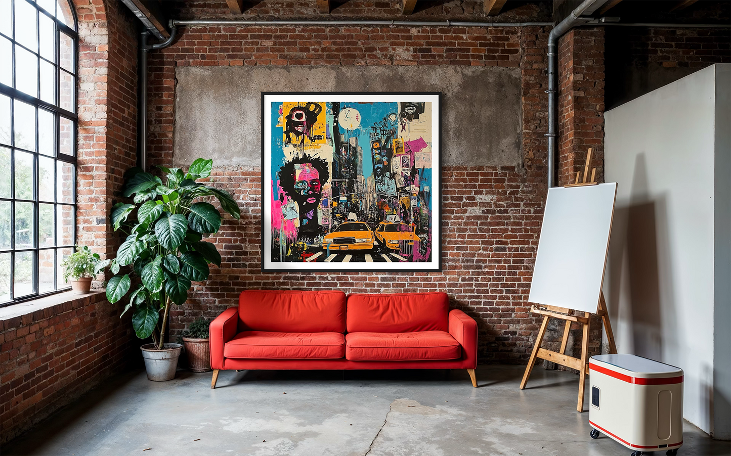 Graffiti-style digital art print of Manhattan, New York City, featuring iconic yellow taxis against a gritty, abstract city landscape with urban textures and bold street art elements.