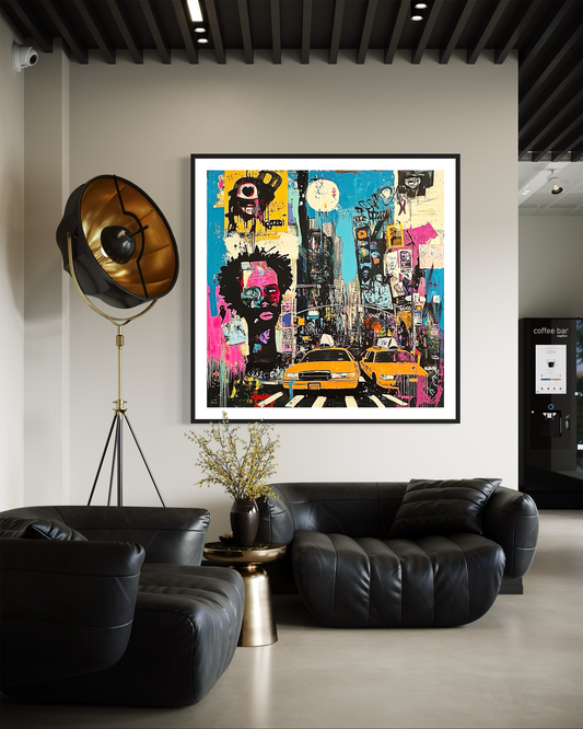 Graffiti-style digital art print of Manhattan, New York City, featuring iconic yellow taxis against a gritty, abstract city landscape with urban textures and bold street art elements.