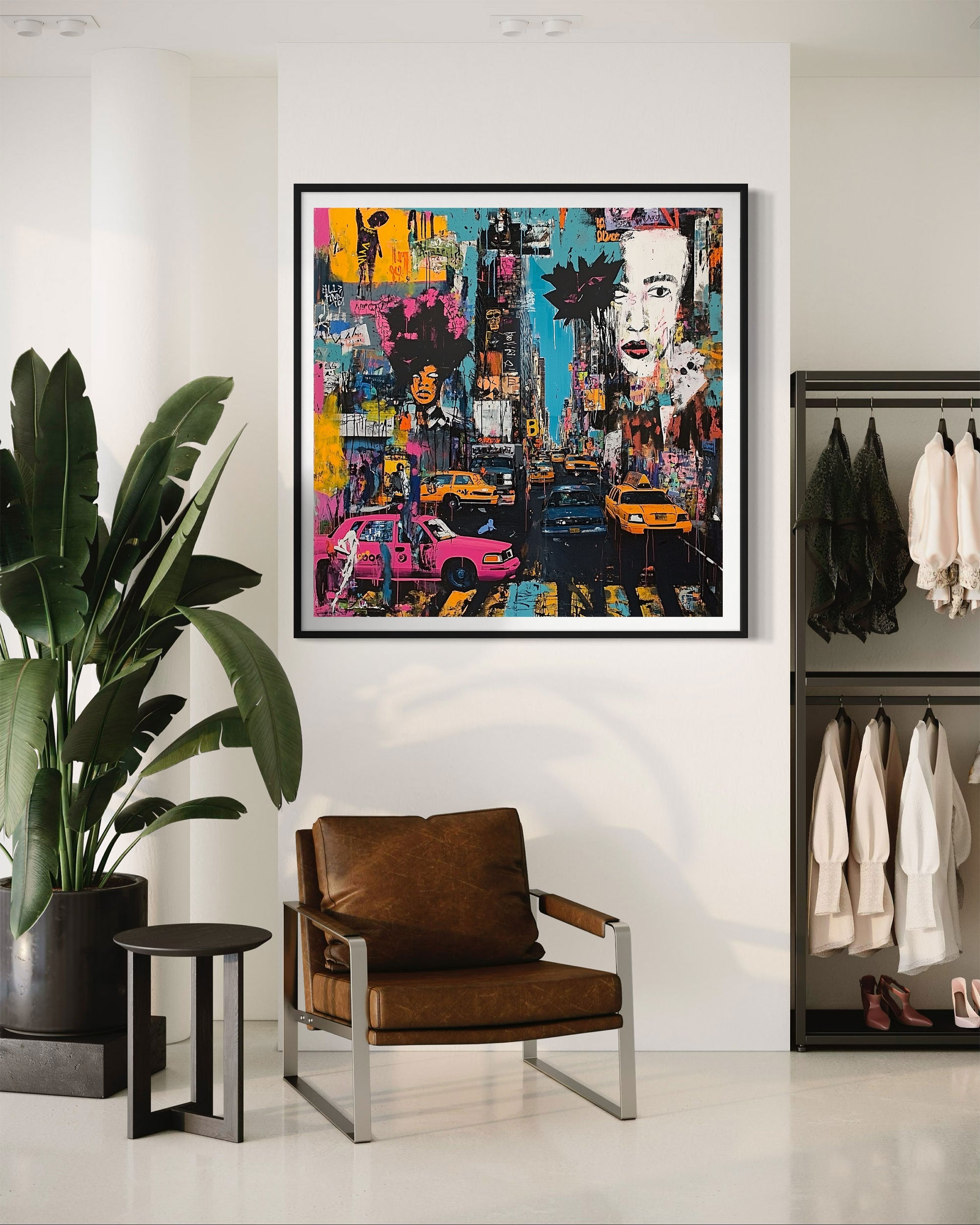 Art print featuring Manhattan yellow taxis in a graffiti-inspired abstract cityscape. Showcases iconic NYC cabs against a gritty urban New York backdrop, perfect for modern wall decor.