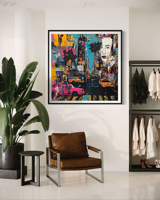 Art print featuring Manhattan yellow taxis in a graffiti-inspired abstract cityscape. Showcases iconic NYC cabs against a gritty urban New York backdrop, perfect for modern wall decor.