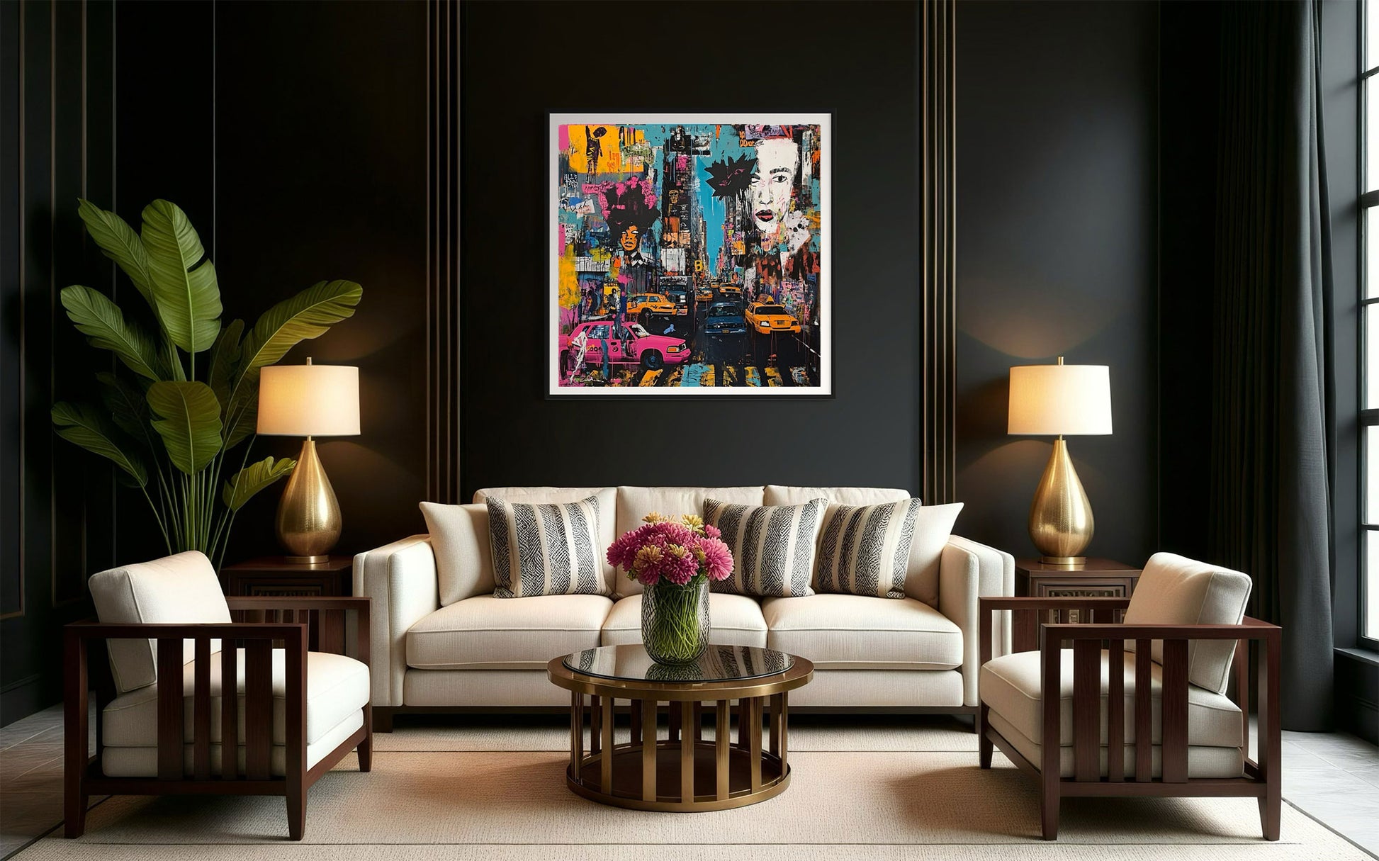 Art print featuring Manhattan yellow taxis in a graffiti-inspired abstract cityscape. Showcases iconic NYC cabs against a gritty urban New York backdrop, perfect for modern wall decor.