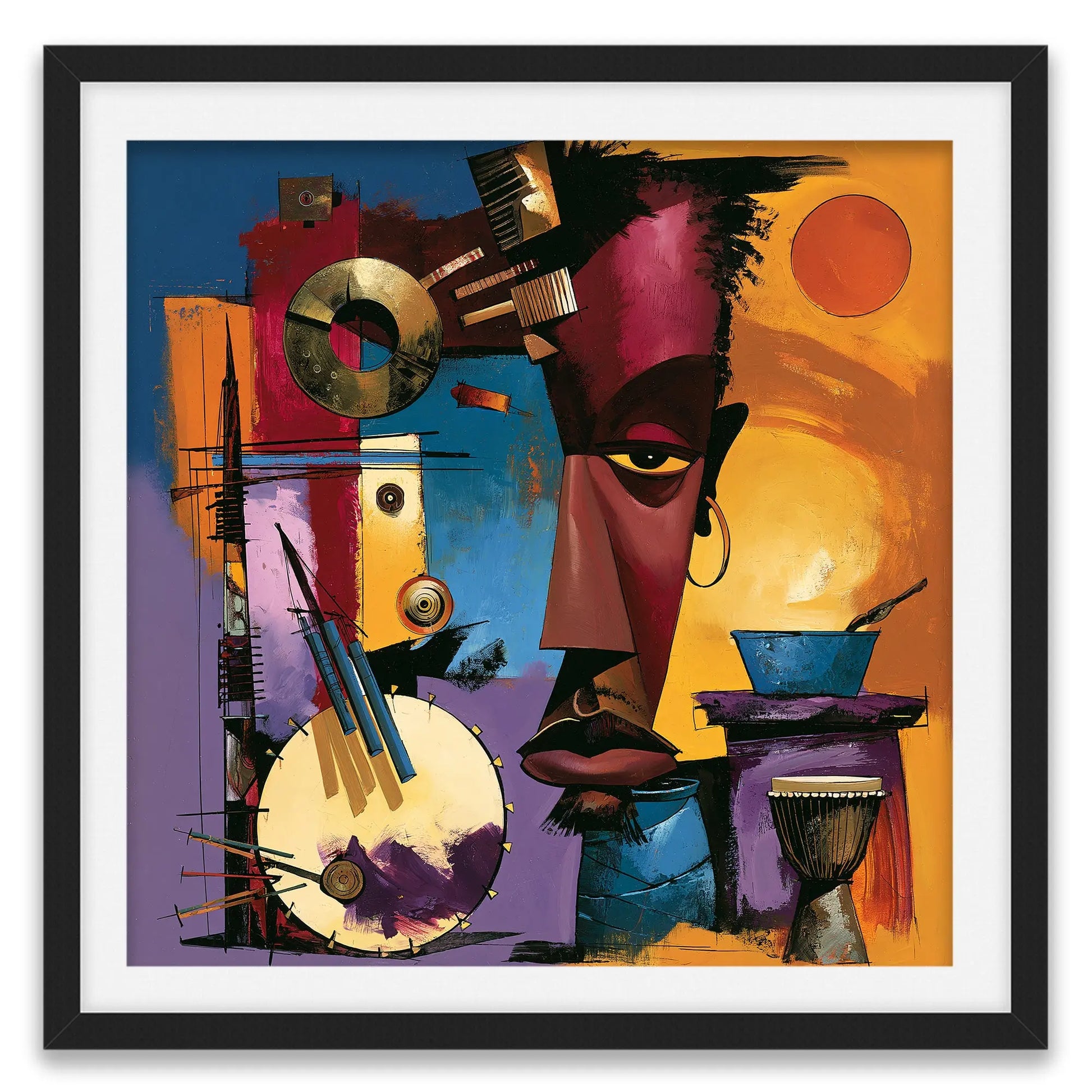 Abstract Afrocentric jazz musicians art print featuring African-inspired musicians in a colorful contemporary composition with bold shapes, expressive movement, and vibrant cultural themes.