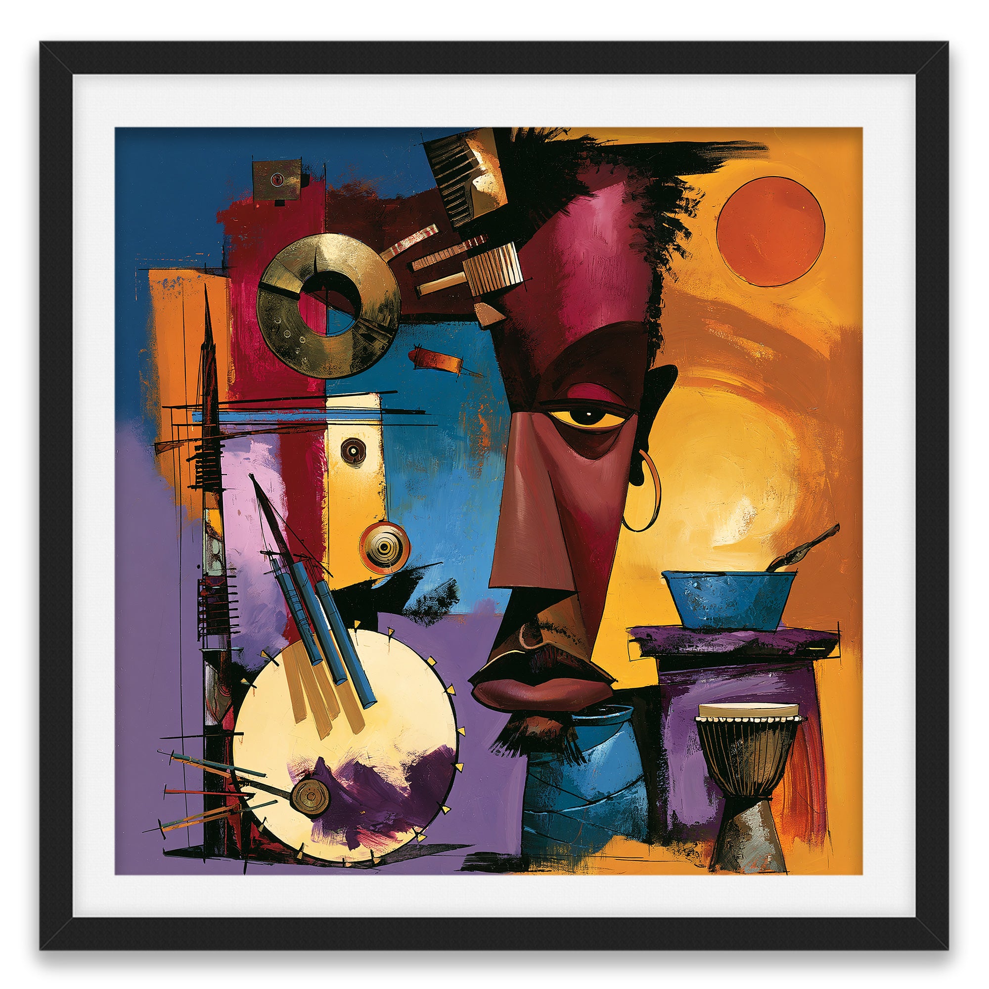 Abstract Afrocentric jazz musicians art print featuring African-inspired musicians in a colorful contemporary composition with bold shapes, expressive movement, and vibrant cultural themes.