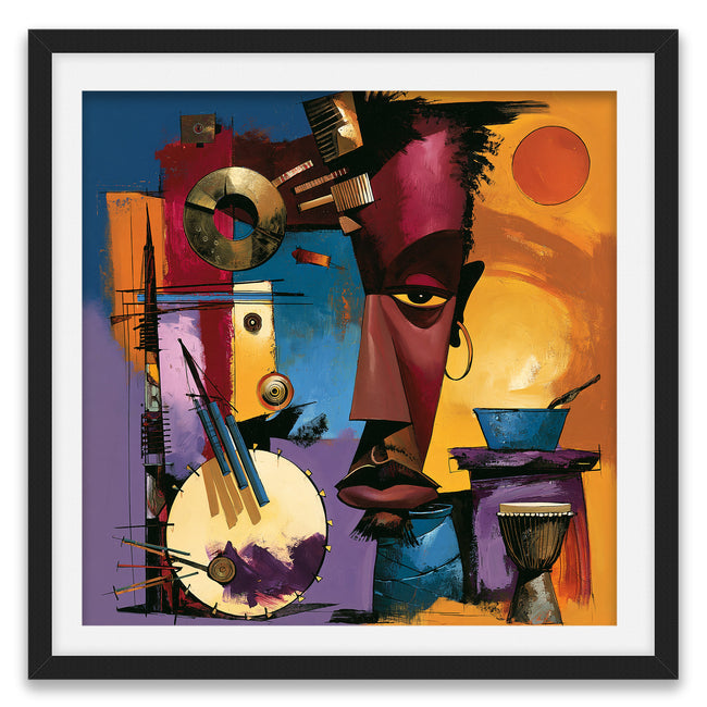 Abstract Afrocentric jazz musicians art print featuring African-inspired musicians in a colorful contemporary composition with bold shapes, expressive movement, and vibrant cultural themes.