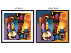 Abstract Afrocentric jazz musicians art print featuring African-inspired musicians in a colorful contemporary composition with bold shapes, expressive movement, and vibrant cultural themes.