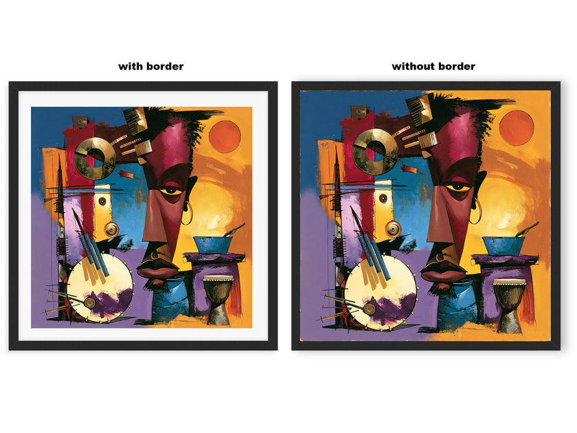 Abstract Afrocentric jazz musicians art print featuring African-inspired musicians in a colorful contemporary composition with bold shapes, expressive movement, and vibrant cultural themes.