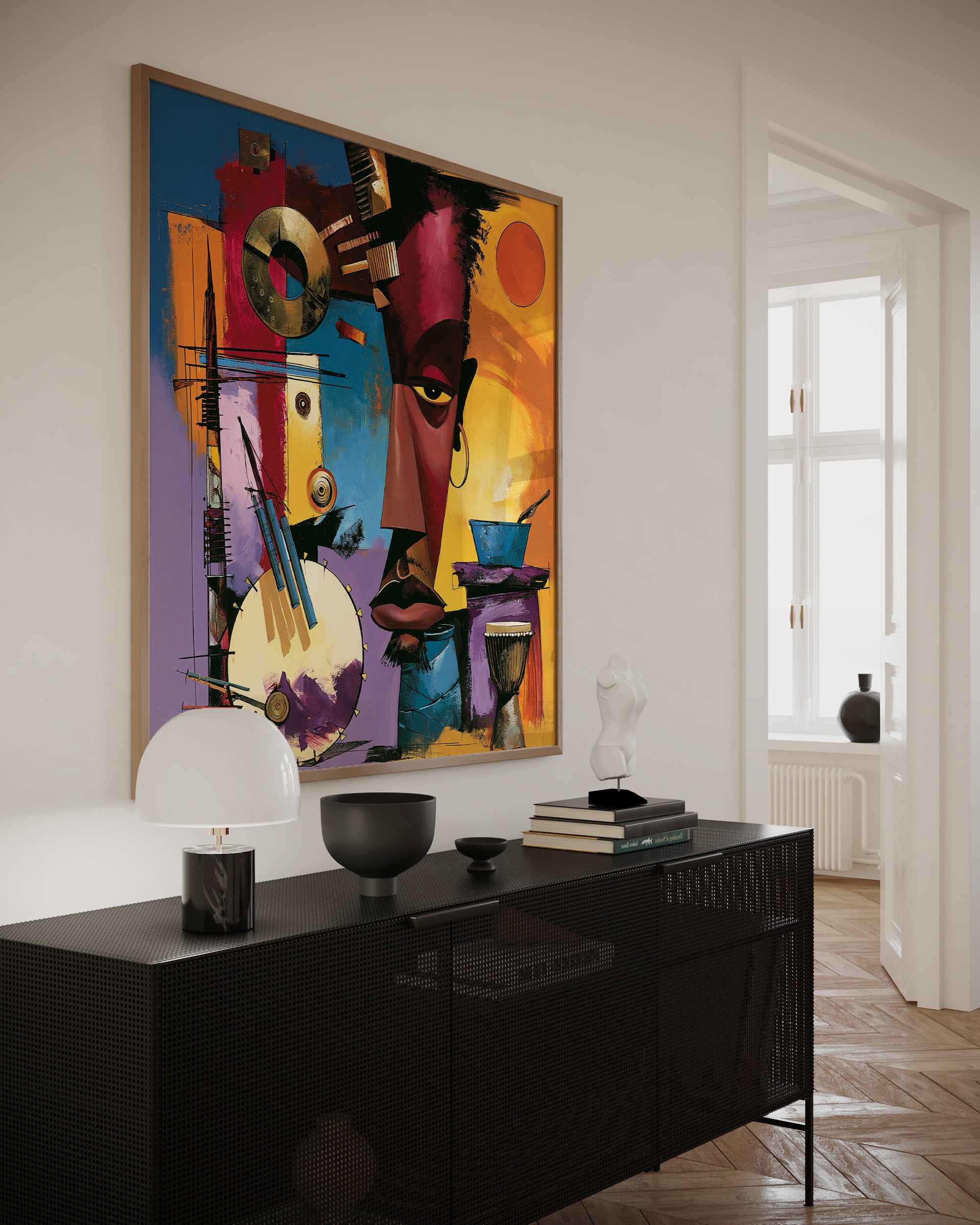 Abstract Afrocentric jazz musicians art print featuring African-inspired musicians in a colorful contemporary composition with bold shapes, expressive movement, and vibrant cultural themes.