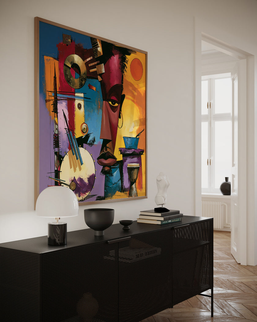 Abstract Afrocentric jazz musicians art print featuring African-inspired musicians in a colorful contemporary composition with bold shapes, expressive movement, and vibrant cultural themes.