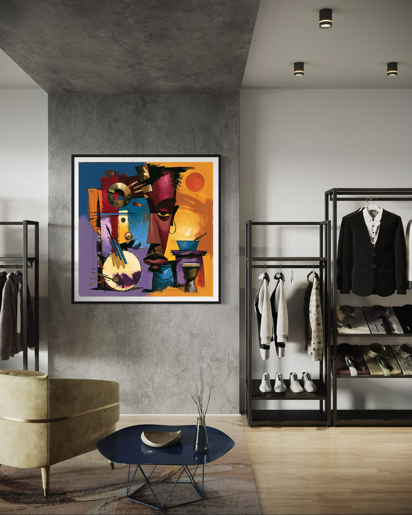 Abstract Afrocentric jazz musicians art print featuring African-inspired musicians in a colorful contemporary composition with bold shapes, expressive movement, and vibrant cultural themes.