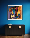 Abstract Afrocentric jazz musicians art print featuring African-inspired musicians in a colorful contemporary composition with bold shapes, expressive movement, and vibrant cultural themes.