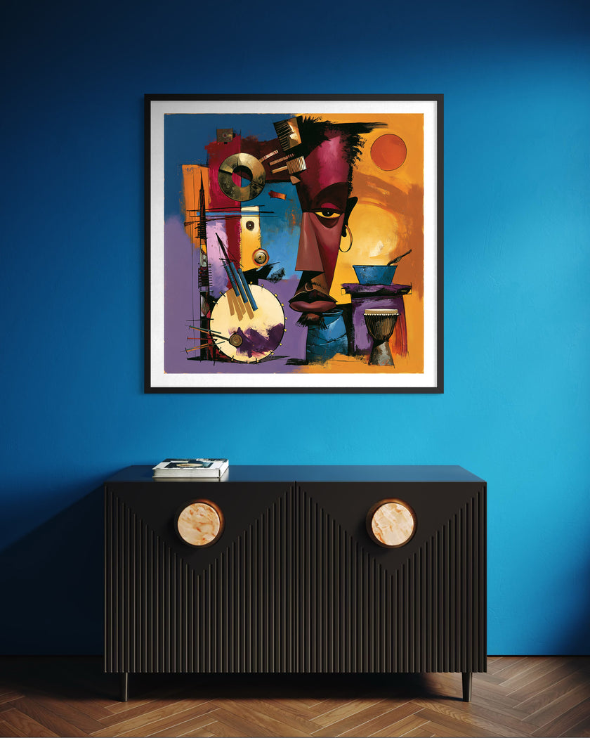 Abstract Afrocentric jazz musicians art print featuring African-inspired musicians in a colorful contemporary composition with bold shapes, expressive movement, and vibrant cultural themes.