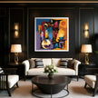 Abstract Afrocentric jazz musicians art print featuring African-inspired musicians in a colorful contemporary composition with bold shapes, expressive movement, and vibrant cultural themes.