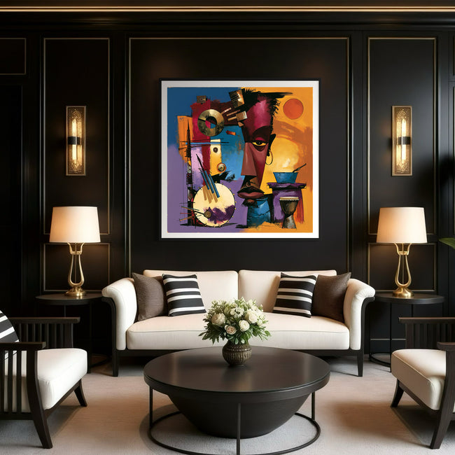 Abstract Afrocentric jazz musicians art print featuring African-inspired musicians in a colorful contemporary composition with bold shapes, expressive movement, and vibrant cultural themes.
