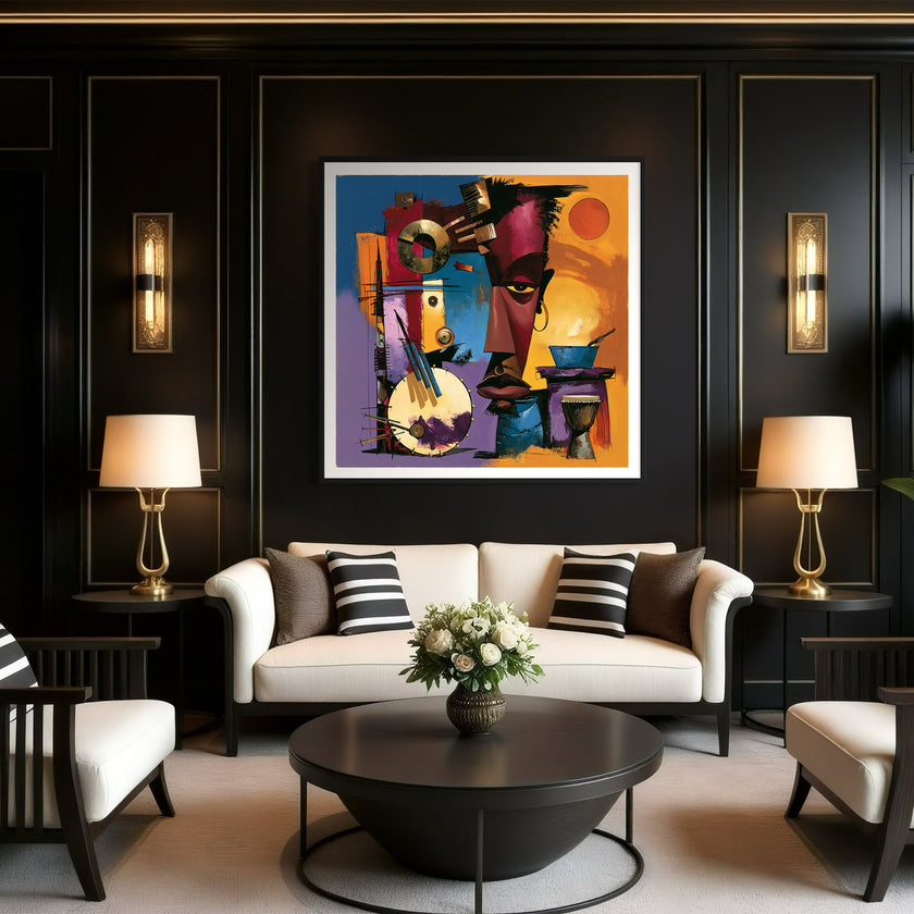 Abstract Afrocentric jazz musicians art print featuring African-inspired musicians in a colorful contemporary composition with bold shapes, expressive movement, and vibrant cultural themes.