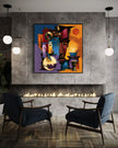 Abstract Afrocentric jazz musicians art print featuring African-inspired musicians in a colorful contemporary composition with bold shapes, expressive movement, and vibrant cultural themes.