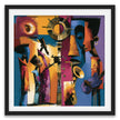 Abstract Afrocentric jazz musicians art print featuring African-inspired musicians in a colorful contemporary composition with bold shapes, expressive movement, and vibrant cultural themes.