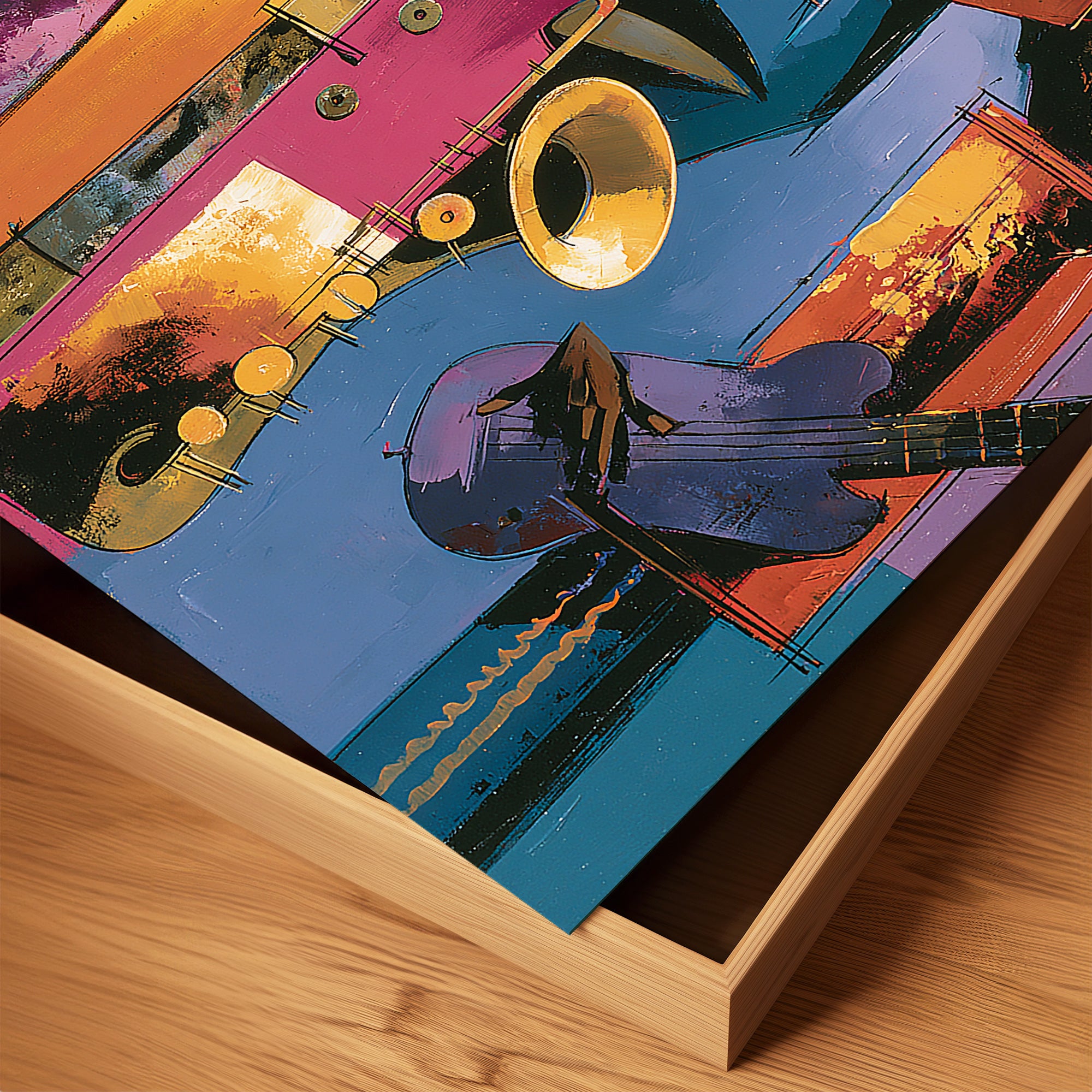 Abstract Afrocentric jazz musicians art print featuring African-inspired musicians in a colorful contemporary composition with bold shapes, expressive movement, and vibrant cultural themes.
