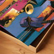 Abstract Afrocentric jazz musicians art print featuring African-inspired musicians in a colorful contemporary composition with bold shapes, expressive movement, and vibrant cultural themes.