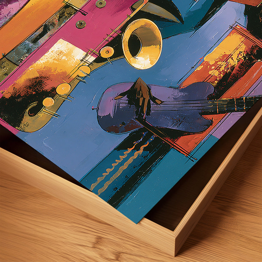 Abstract Afrocentric jazz musicians art print featuring African-inspired musicians in a colorful contemporary composition with bold shapes, expressive movement, and vibrant cultural themes.