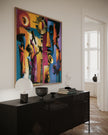 Abstract Afrocentric jazz musicians art print featuring African-inspired musicians in a colorful contemporary composition with bold shapes, expressive movement, and vibrant cultural themes.