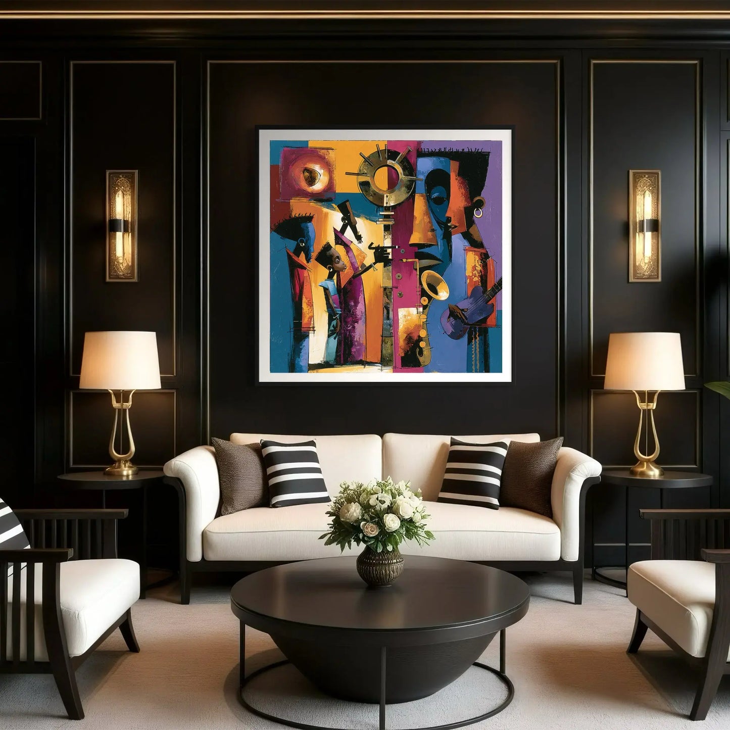 Abstract Afrocentric jazz musicians art print featuring African-inspired musicians in a colorful contemporary composition with bold shapes, expressive movement, and vibrant cultural themes.