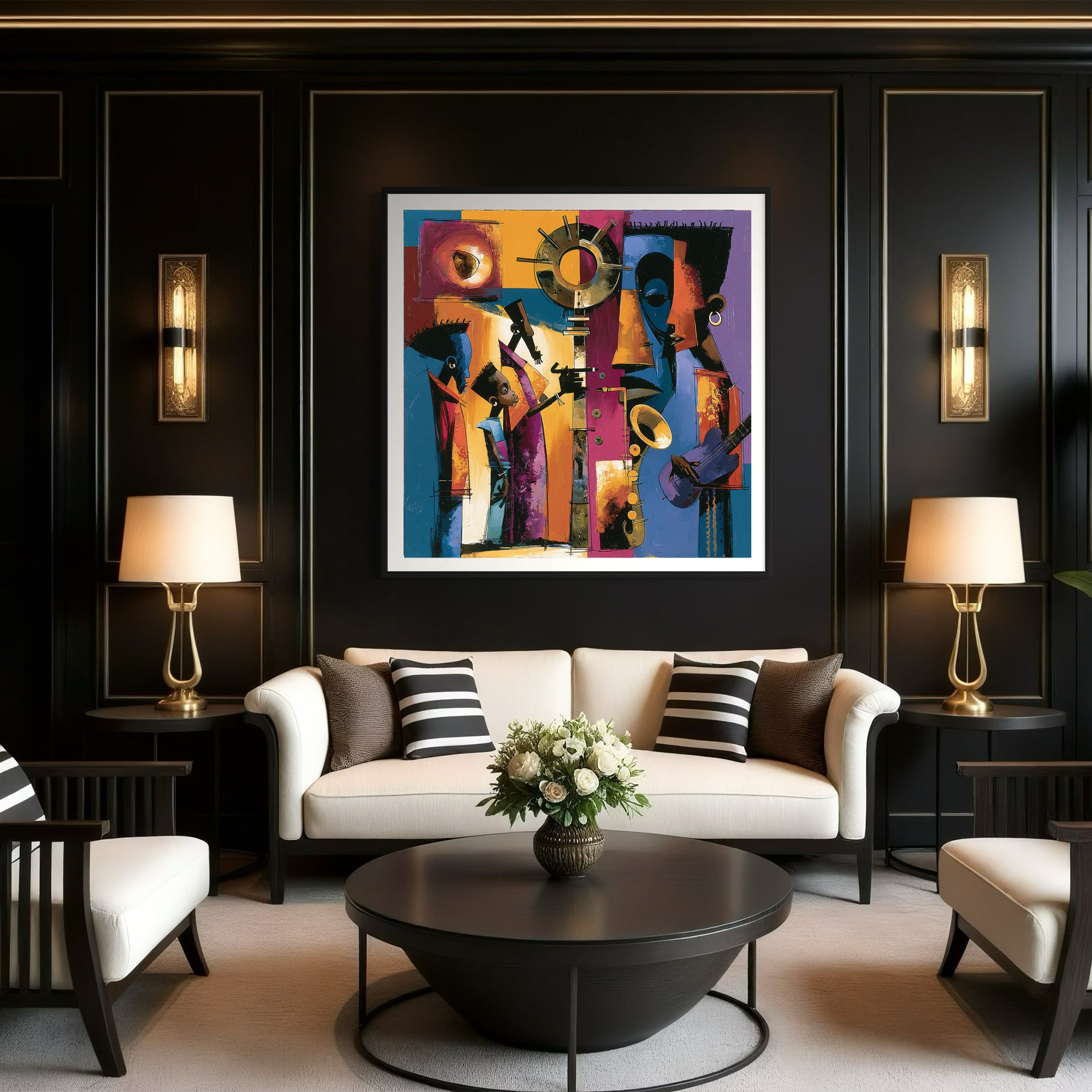Abstract Afrocentric jazz musicians art print featuring African-inspired musicians in a colorful contemporary composition with bold shapes, expressive movement, and vibrant cultural themes.