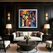 Abstract Afrocentric jazz musicians art print featuring African-inspired musicians in a colorful contemporary composition with bold shapes, expressive movement, and vibrant cultural themes.