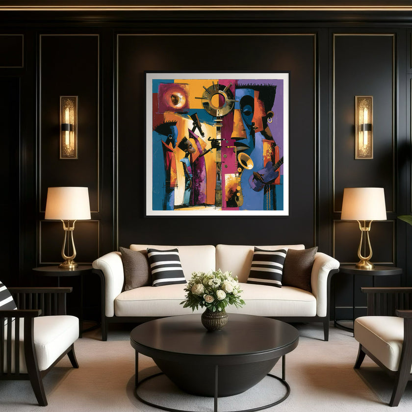 Abstract Afrocentric jazz musicians art print featuring African-inspired musicians in a colorful contemporary composition with bold shapes, expressive movement, and vibrant cultural themes.
