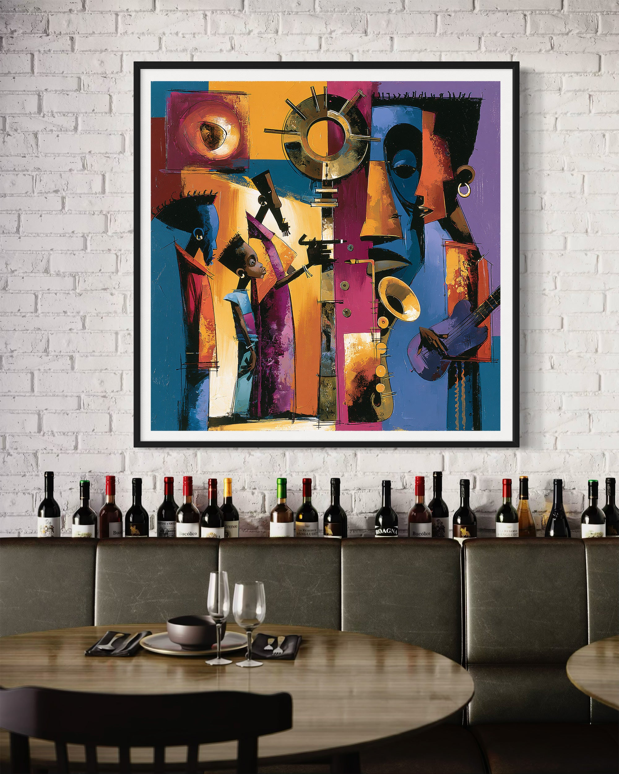 Abstract Afrocentric jazz musicians art print featuring African-inspired musicians in a colorful contemporary composition with bold shapes, expressive movement, and vibrant cultural themes.
