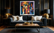 Abstract Afrocentric jazz musicians art print featuring African-inspired musicians in a colorful contemporary composition with bold shapes, expressive movement, and vibrant cultural themes.