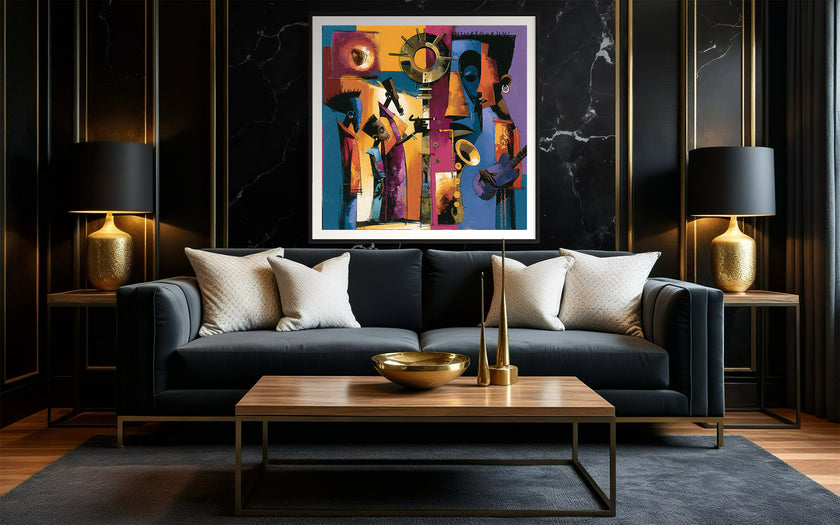 Abstract Afrocentric jazz musicians art print featuring African-inspired musicians in a colorful contemporary composition with bold shapes, expressive movement, and vibrant cultural themes.