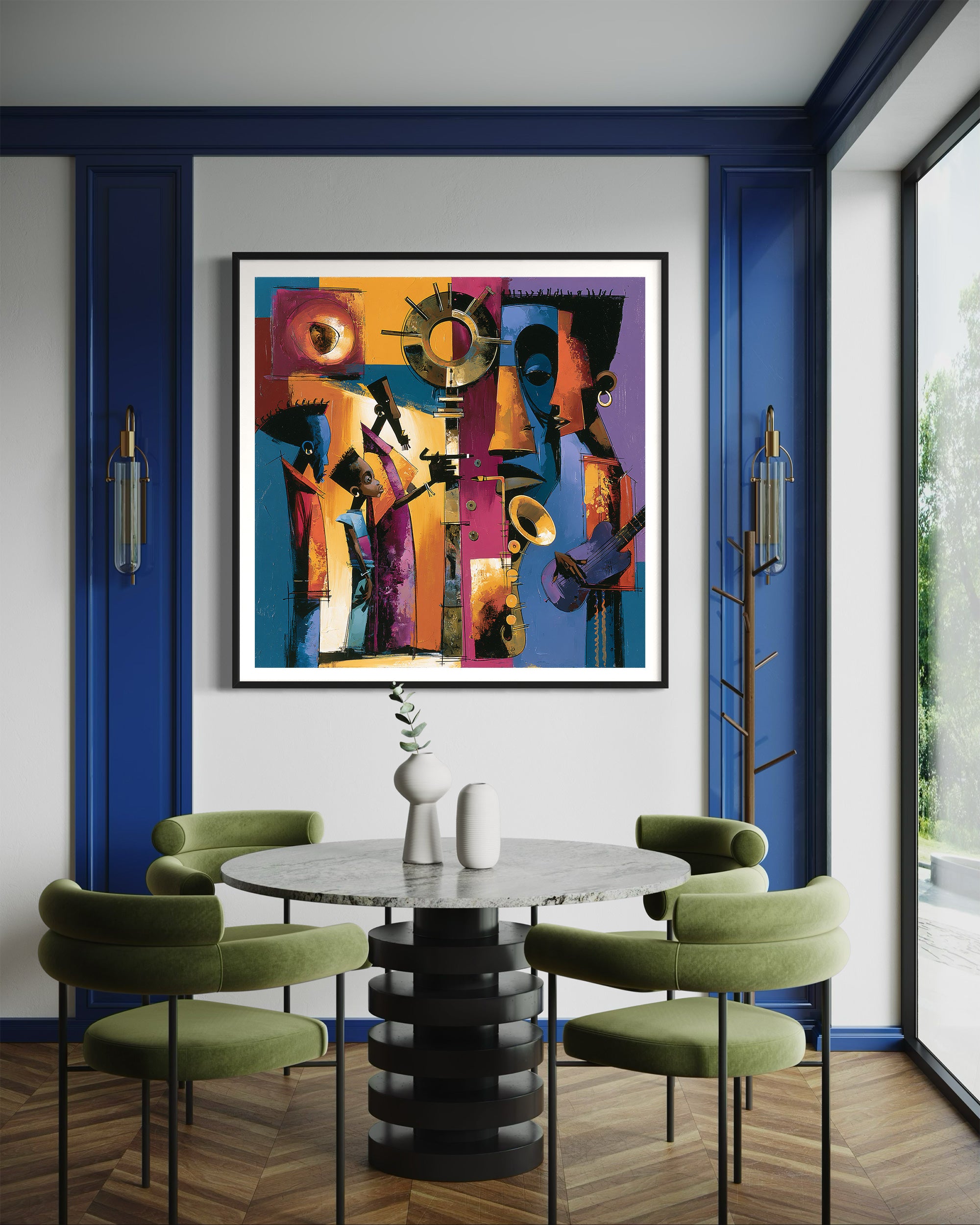 Abstract Afrocentric jazz musicians art print featuring African-inspired musicians in a colorful contemporary composition with bold shapes, expressive movement, and vibrant cultural themes.