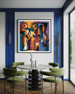 Abstract Afrocentric jazz musicians art print featuring African-inspired musicians in a colorful contemporary composition with bold shapes, expressive movement, and vibrant cultural themes.