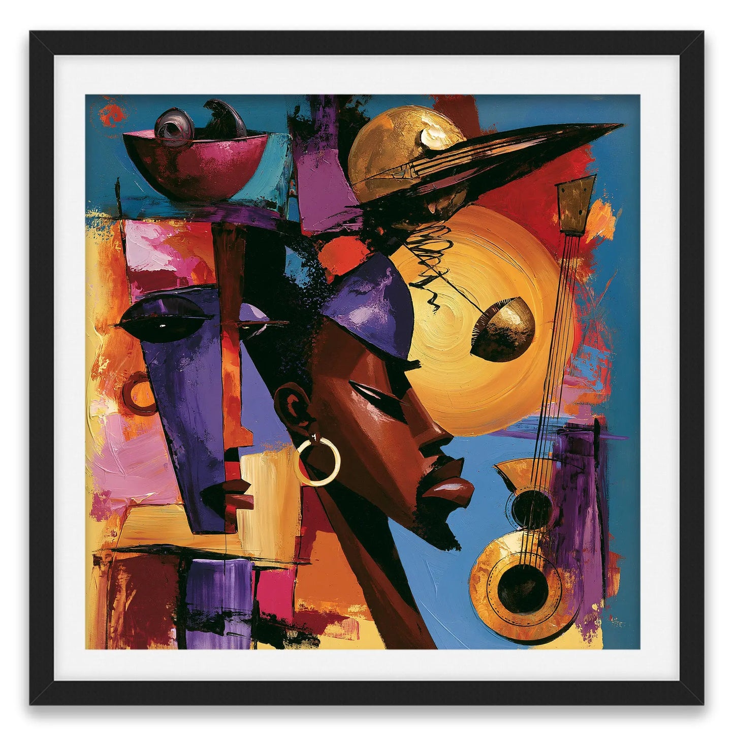 Abstract Afrocentric jazz musicians art print featuring African-inspired musicians in a colorful contemporary composition with bold shapes, expressive movement, and vibrant cultural themes.