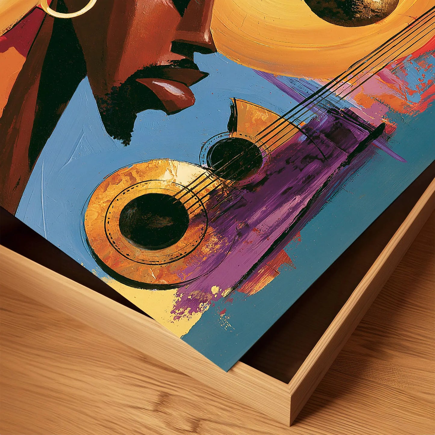 Abstract Afrocentric jazz musicians art print featuring African-inspired musicians in a colorful contemporary composition with bold shapes, expressive movement, and vibrant cultural themes.