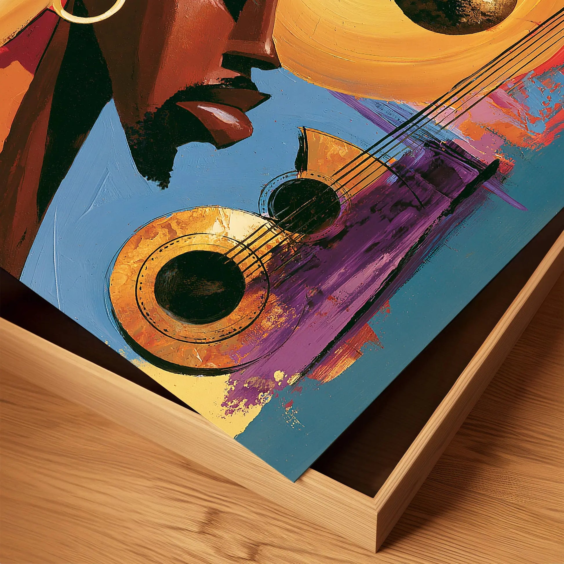 Abstract Afrocentric jazz musicians art print featuring African-inspired musicians in a colorful contemporary composition with bold shapes, expressive movement, and vibrant cultural themes.