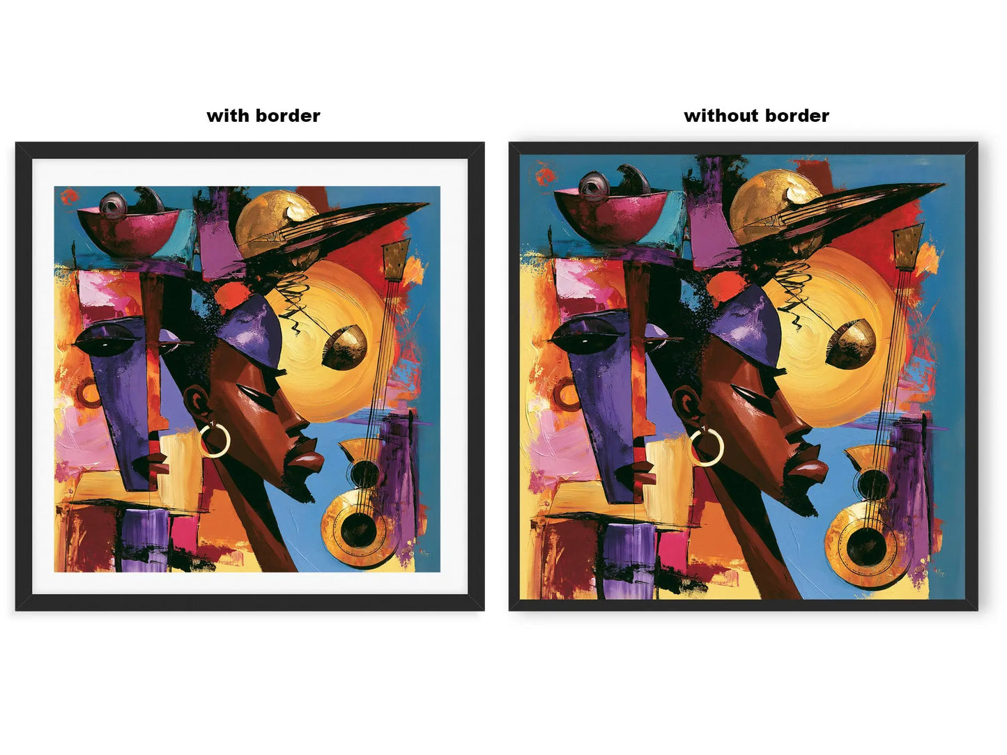 Abstract Afrocentric jazz musicians art print featuring African-inspired musicians in a colorful contemporary composition with bold shapes, expressive movement, and vibrant cultural themes.