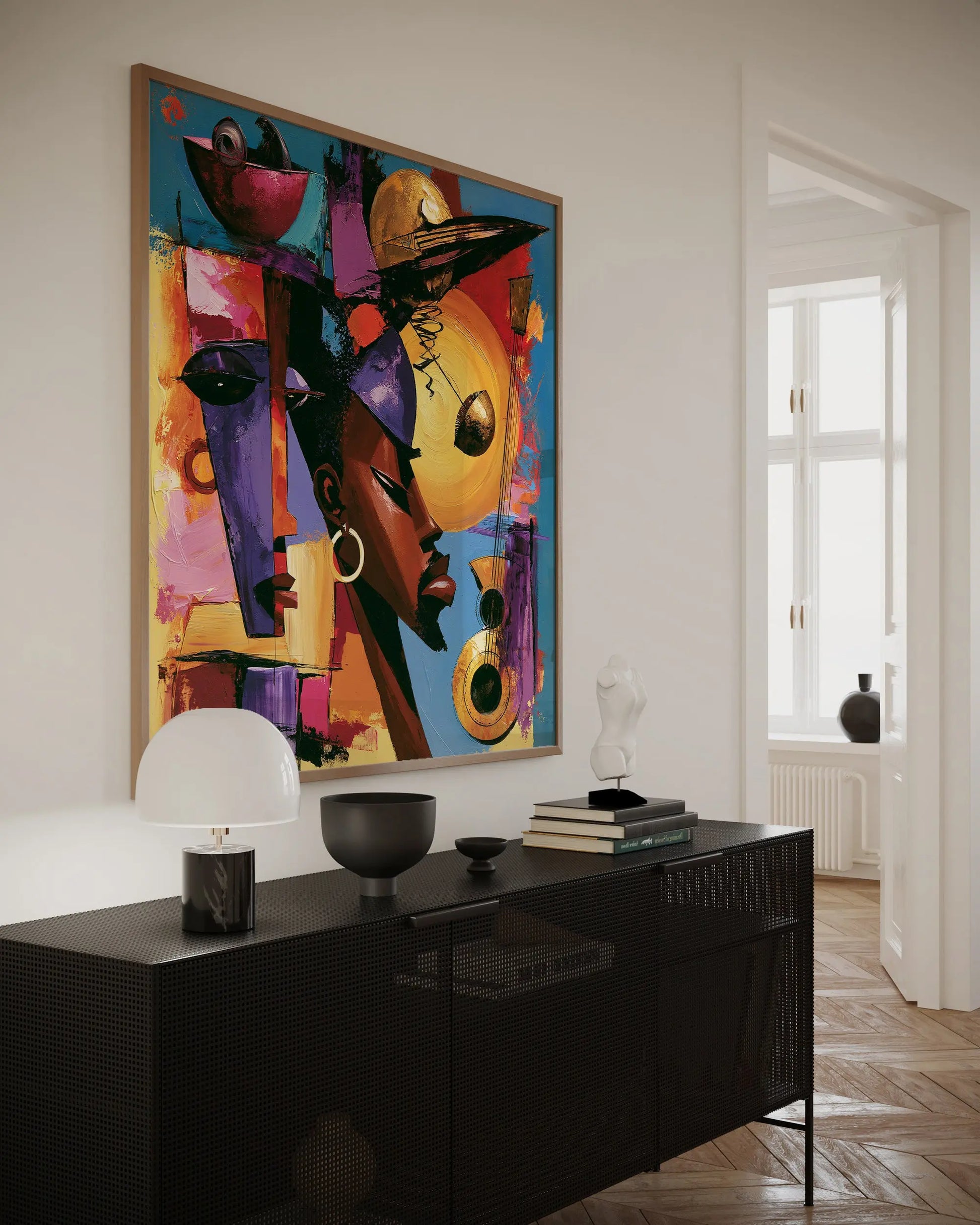 Abstract Afrocentric jazz musicians art print featuring African-inspired musicians in a colorful contemporary composition with bold shapes, expressive movement, and vibrant cultural themes.