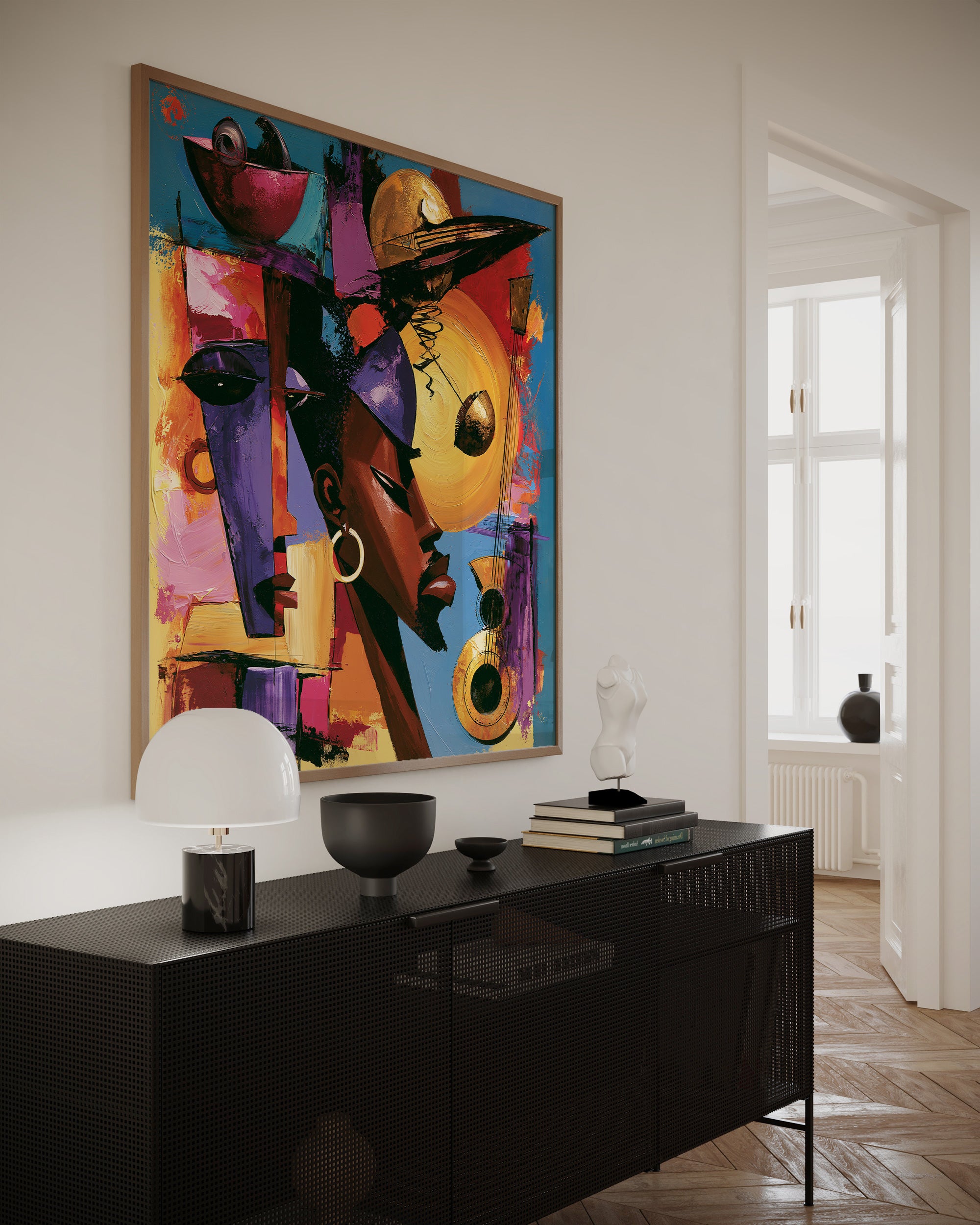 Abstract Afrocentric jazz musicians art print featuring African-inspired musicians in a colorful contemporary composition with bold shapes, expressive movement, and vibrant cultural themes.