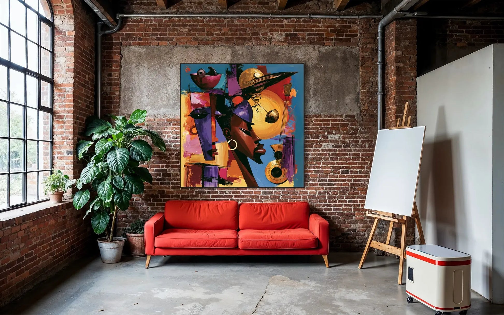 Abstract Afrocentric jazz musicians art print featuring African-inspired musicians in a colorful contemporary composition with bold shapes, expressive movement, and vibrant cultural themes.