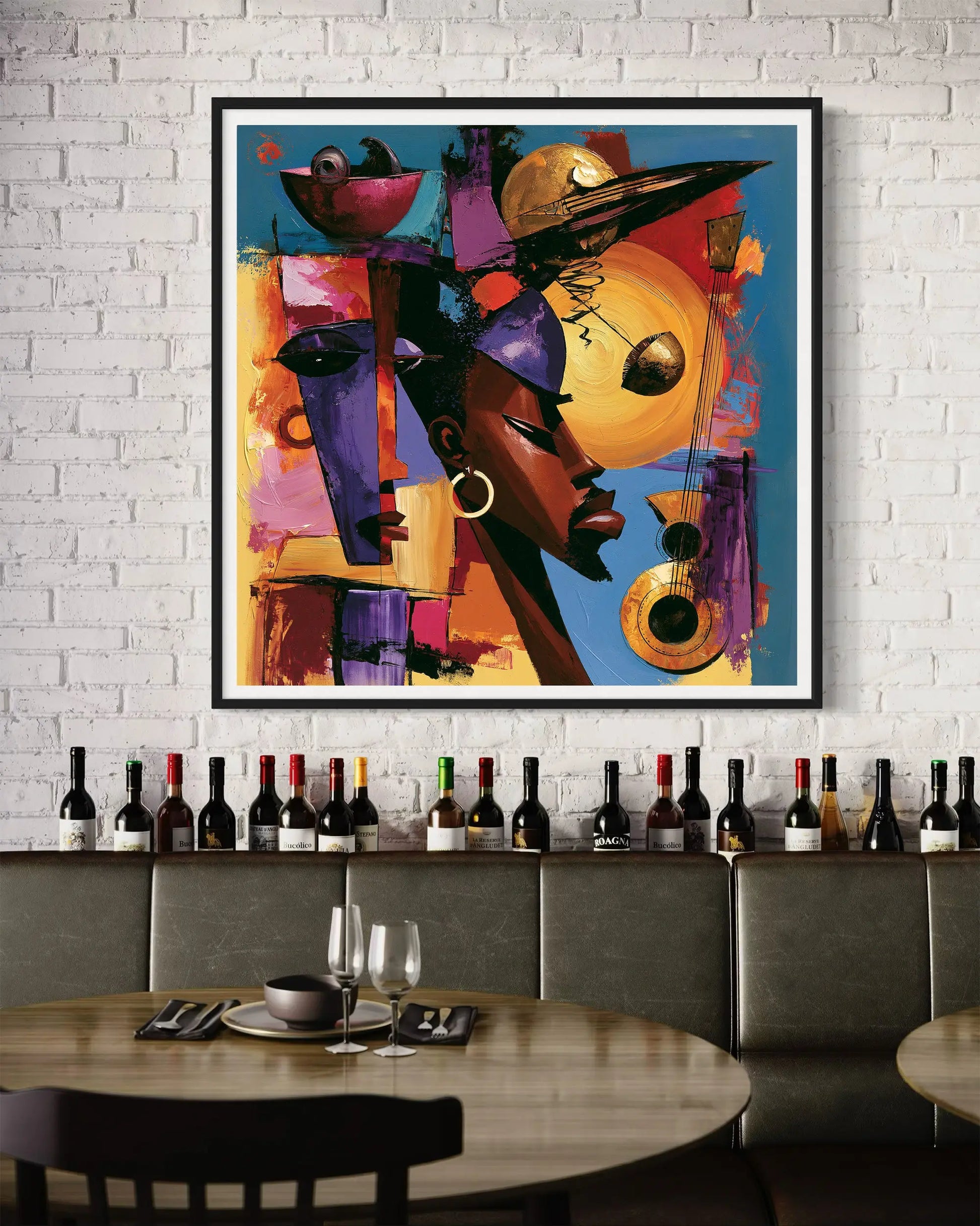 Abstract Afrocentric jazz musicians art print featuring African-inspired musicians in a colorful contemporary composition with bold shapes, expressive movement, and vibrant cultural themes.