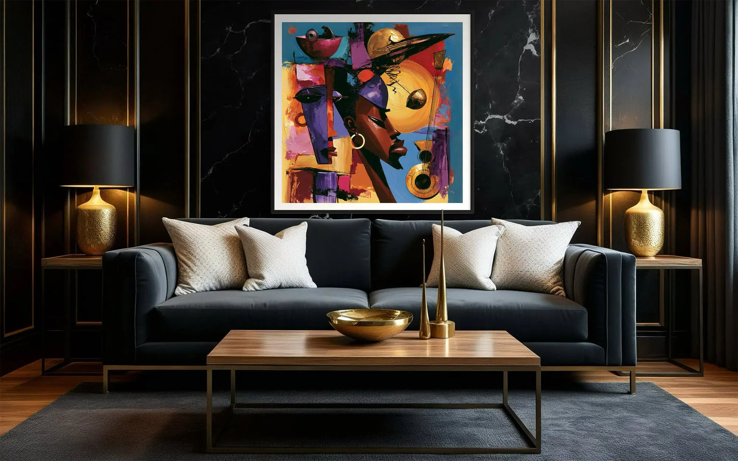Abstract Afrocentric jazz musicians art print featuring African-inspired musicians in a colorful contemporary composition with bold shapes, expressive movement, and vibrant cultural themes.