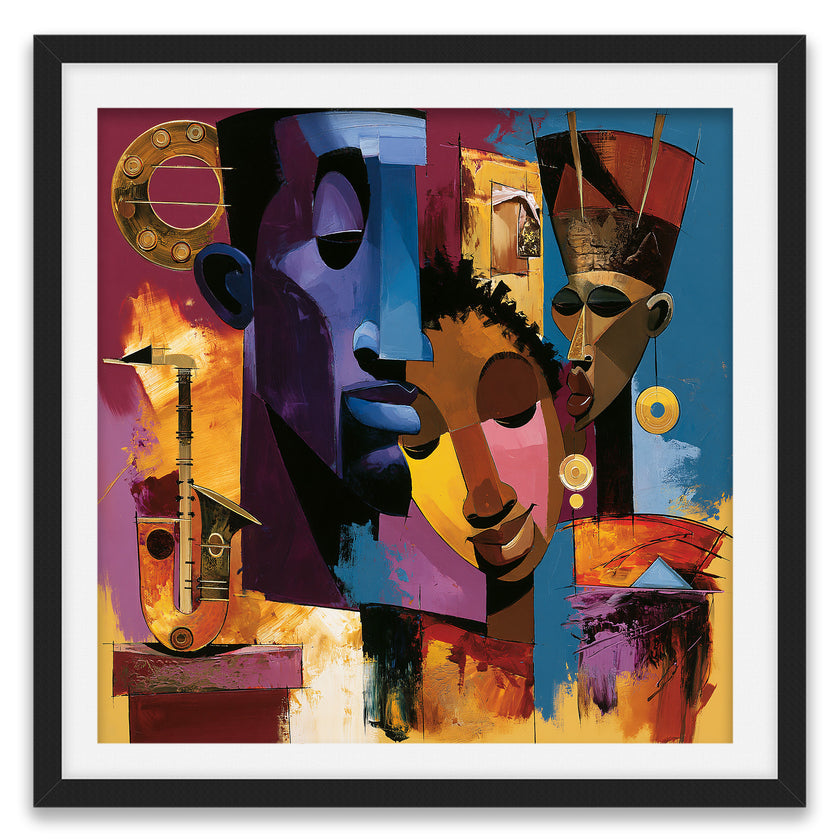 Abstract Afrocentric jazz musicians art print featuring African-inspired musicians in a colorful contemporary composition with bold shapes, expressive movement, and vibrant cultural themes.