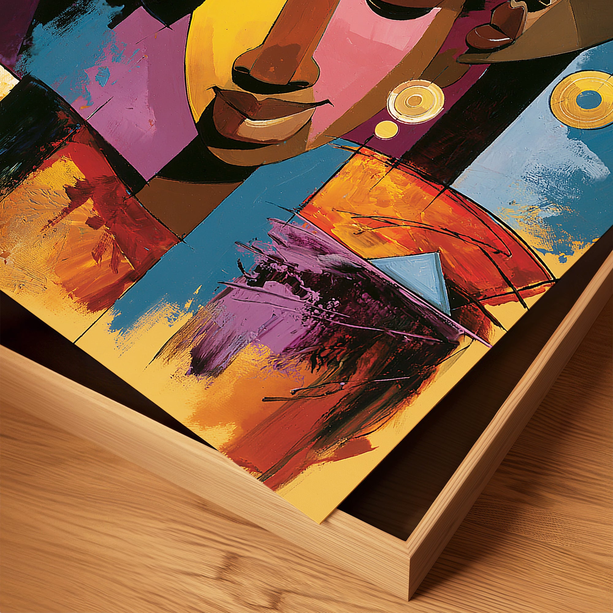 Abstract Afrocentric jazz musicians art print featuring African-inspired musicians in a colorful contemporary composition with bold shapes, expressive movement, and vibrant cultural themes.