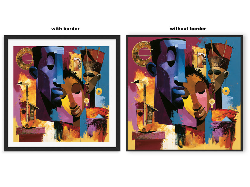 Abstract Afrocentric jazz musicians art print featuring African-inspired musicians in a colorful contemporary composition with bold shapes, expressive movement, and vibrant cultural themes.
