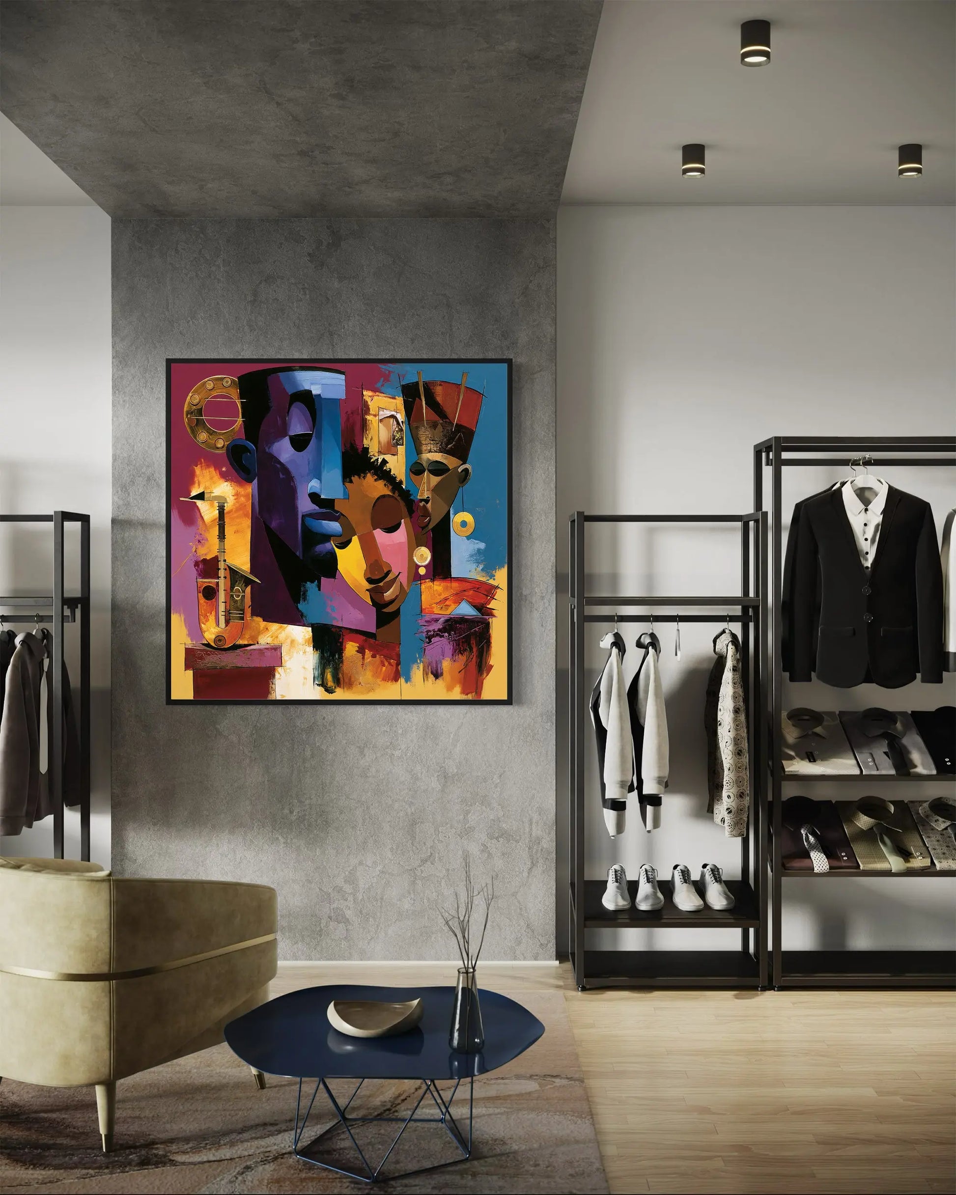 Abstract Afrocentric jazz musicians art print featuring African-inspired musicians in a colorful contemporary composition with bold shapes, expressive movement, and vibrant cultural themes.