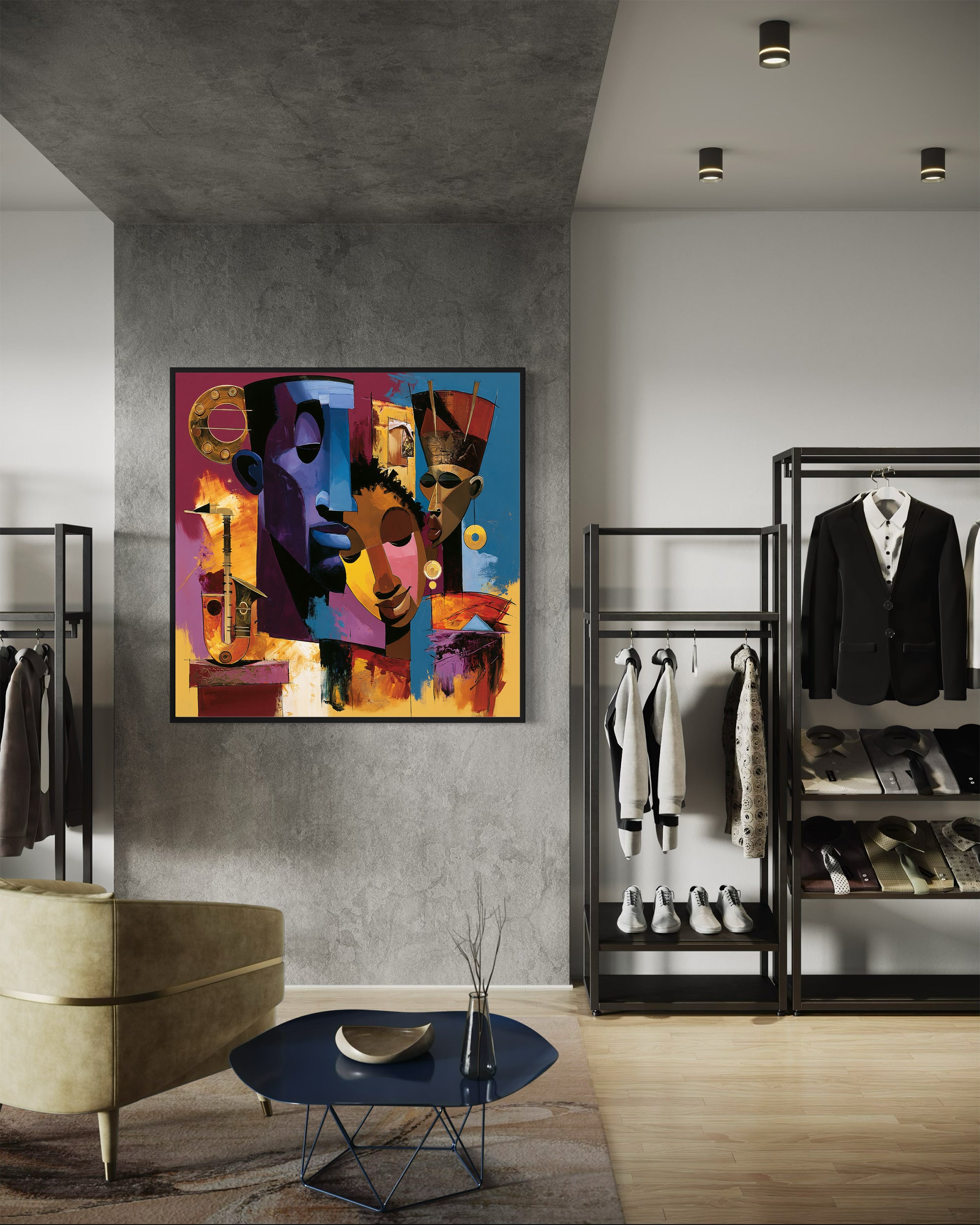 Abstract Afrocentric jazz musicians art print featuring African-inspired musicians in a colorful contemporary composition with bold shapes, expressive movement, and vibrant cultural themes.