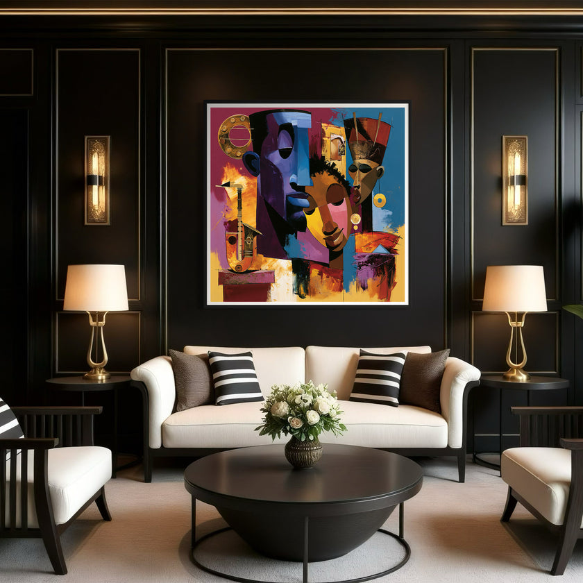 Abstract Afrocentric jazz musicians art print featuring African-inspired musicians in a colorful contemporary composition with bold shapes, expressive movement, and vibrant cultural themes.