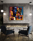 Abstract Afrocentric jazz musicians art print featuring African-inspired musicians in a colorful contemporary composition with bold shapes, expressive movement, and vibrant cultural themes.